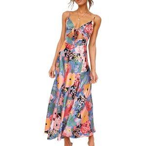 NWOT Women’s Spaghetti Strap Floral Satin Backless Midi Dress with Tie Front
